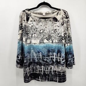 Chico's Abstract Art Print Top Womens Size 0 / US Small 3/4 Sleeve Knit Pullover